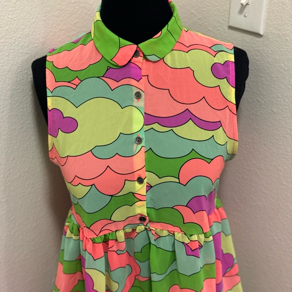 2 FOR $20 Nanette Lepore L’amour Neon Clouds High Low Blouse Top Semi Sheer M - Picture 2 of 8